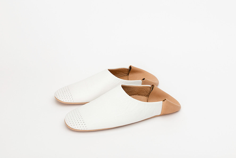 Pair of Cute Women's Leather Slippers / House Shoes | White and Tan
