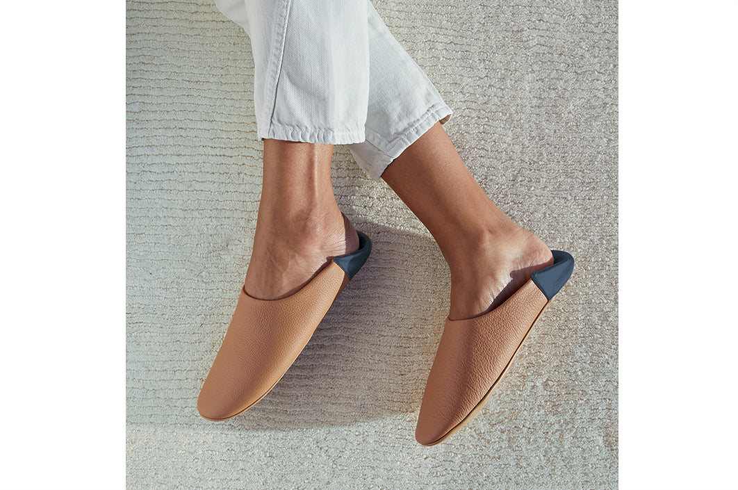 Golden brown and black ladies  leather house slippers